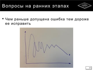 17
Вопросы на ранних этапах
 Чем раньше допущена ошибка тем дороже
ее исправить
17
 