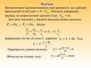 1kxF =1 2kxF =2
.
1
2
12
1
2
1
2
1
2
x
x
FF
x
x
kx
kx
F
F
=⇒==
.
1
1
12
x
xx
FF
∆+
=
[ ] H.
см
смсм
H =
+
=2F
( ).H70
8
68
042 =
+
=F
.kxF =пр
Розв’язок
При розтяганні пружини виникає сила пружності, що дорівнює
прикладеній до неї силі — F = Fпр
. Оскільки деформація
пружна, то скористаємося законом Гука:
Для двох описаних у завданні випадків можна записати:
і . Звідси:
xxx ∆+= 12
Деформація під час дії сили F2
дорівнює . Тоді
Перевіряємо одиниці величин:
Обчислюємо шукану силу:
 