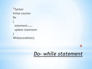 *
*Syntax:
Initial counter
Do
{
statement…….
update statement
}
While(condition);
 