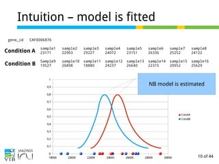 10 of 44
Intuition – model is fitted
gene_id CAF0006876
sample1 sample2 sample3 sample4 sample5 sample6 sample7 sample8
23171 22903 29227 24072 23151 26336 25252 24122
Sample9 sample10 sample11 sample12 sample13 sample14 sample15 sample16
19527 26898 18880 24237 26640 22315 20952 25629
Condition A
Condition B
NB model is estimated
 
