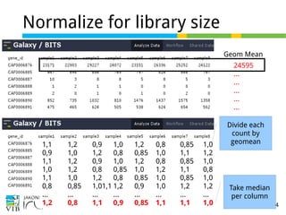 15 of 44
Normalize for library size
Geom Mean
24595
…
…
...
…
…
1,1 1,2 0,9 1,0 1,2 0,8 0,85 1,0
0,9 1,0 1,2 0,8 0,85 1,0 1,1 1,2
1,1 1,2 0,9 1,0 1,2 0,8 0,85 1,0
1,0 1,2 0,8 0,85 1,0 1,2 1,1 0,8
1,1 1,0 1,2 0,8 0,85 1,0 0,85 1,0
0,8 0,85 1,01,1 1,2 0,9 1,0 1,2 1,2
… … … … … … … …
1,2 0,8 1,1 0,9 0,85 1,1 1,1 1,0
Divide each
count by
geomean
Take median
per column
 