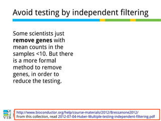 25 of 44
Avoid testing by independent filtering
Some scientists just
remove genes with
mean counts in the
samples <10. But there
is a more formal
method to remove
genes, in order to
reduce the testing.
http://www.bioconductor.org/help/course-materials/2012/Bressanone2012/
From this collection, read 2012-07-04-Huber-Multiple-testing-independent-filtering.pdf
 