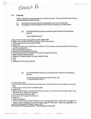 ?{o{9s
{"8
*wuif ft
Property
Ihere is corumrrrif or separatc properqy owxed by &e parlies. TLe conrt sbouid malce a fair aqd
egiable division of ali &e property.
i I Tlre divisioa ofprqperty should be deternin€d by the corrt at a laer &te-
p( The petitioner's-recor:uaendation for the division ofpmperty is setforth below.
D0 ThePEITIIONER*ouidbemarded &eparties' inbrsstin thefolowitrg
Plgperly:
+*20i.1 IIONDAPILOT
a. ?au rrith rack, ioives, {inir€oirror, hutch, kiichen bble
b" Black coucho oae idea cbair, Dysoa Vacuum, dark storage oftoman
c. DI& stcrrage dresseq one setbcdside rables
d. surftoerds
e. Family room flatscreen tv with blueray and btrackrvii with all ganes, storage asd kids movies erceptas
ptoviiled to Respondant
f- lMac and Macbook computers
g- Queeasize Hwith:nataess and linens
h" AII ki& beds aad beilroom fursime as presen{y anarged in }edrooms
i. Slack Stackingwaster and dryer
j. Petitionert ski gear, children's ski geaq ctildrEtr's bltes
k.none
I. none
m. Petitionet's DCS credit of 320,000
'
fE theRESPO}{DE}{Tshouldbe axrarded&eparties' interesliathe folloxiag
Propelty:
47268 MILITARY ItCIAD SOUIII AUBURN,'WA
**YOLKS'WAGENJETTA ,
a- CaaonRebelcanera
b.one ikeachahwi&focitrest,blackcLair; blackofiice chaiC lightottotaao, broc'm leatirerooucfu laage
desk
c. Clothes dresser and second setofbedsidetables
d- enginehoist
e- Flatsc:een ftoo bedrooa. wit& Sarrsurg DYD ad wfute wee. all grola up rrovi* plus *'all-E, Cars,
'Whrnie
&e.Pooh, Wallace aad Grommit
f. Acer touchscrceq Deil lap1op, iPad
g:. Power bols, Air compr',esssr, Motorc]'cle
b-Table&qr
i. KirjhenAppliaaces*
j. AIt itenrs thd beloaged to R€qroadeflt priorto &e marriage; glass table, round table, wraught iroa
cushionbeuch,bookshelf,]rood dish holder,sfiall tvIV'CRcombo,white car, adiltbikes,red
Pet for Legal Separation {Fr{'GsP) - Page 3 d 10
WPF DR ALoill Mandatory t62,008) - rcW 26-A9.02a: 26.a9.a30$)
 