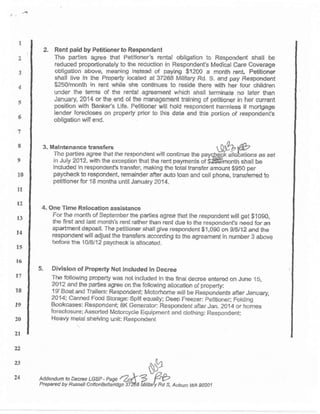 1
8
I
10
1l
l2
15
l6
I8
t9
20
I]
t4
l7
74 Addehdun to De.,e, LG*. ** * r#*@ by Rtj368dcottql8sfrel,dgo 37260 furu Rd S. Aubu7., WASWI
2, Rent paid by Patitioner to R€spondent
Th6 parlies agree that Petitioner's rental obligation to Respondent shall be
reduced proportionateiy to the redudim in Respondont's Medical Care Covefago
obtigauoo aboye, mBaning irstead of paying $1200 a moDth rsnl, Pe.tifloner
shall livo in the Property located at 37268 Military Rd. S. and pay Raspondent
S25o/rmnth in rent whilo she cominues lo roside lhere with her four children
under the terms of the rental agresmont whlch sha terminate no later than
January 2014 or the end of lhs managsmsnt Faioing of p€titio er in her currgnt
position with BankeCs Lif6. PBtitionBr will hold respondsnl harmtess if morlgage
lender torec,loGes on proporty prior to lhis date aDd this porlion ot rsspondert's
obligation will end.
3. Malntenance transferc ,,|&>Ub
The parties agree that the respondent will continue the payc!fi alofations as set
in July 2012, with thB exception that the rent payrnents of $#lmonth shall be
induded in respondentb hansfer, maktog the totat tEnsfer amouot S95O per
paycheck to respondent, remainder afrer auto loan and cell phona, transfened lo
petitionsr for 18 months until January 2014.
4. One Time Ralocatlon asslstance
For the rnonlh of September the parties agrce that the respondent will get gi09O,
f|e first afld last rnonth's rent rather than rEnt due to the respondent's need for an
apartment deposit. The petitioner shall give respondeDt g1,O9O on 9/5/12 and lhe
respondent will adjust the transfers according to the agreement io number 3 above
bofore the 10/8/12 paycheck is a ocated.
5, Divlsion of Property tlot lncluded ln Dscroa
Th€ bllorrving property was not induded in the inal d€cree erter€d on June 15,
2012 and the paribs 6gre€ on th6 folowing a[ocatioo of DropErty:
198oa1 and Trailers: Respondent; Motorhoma will be Respond;nls atr6r January,
2014; Caniod Food Stol-age: Split equally; Deep Freezer: petitio.ler Folding
Bookcases; Respondent 8K Generator: Respondent after Jan. ?014 or homes
bredosure; Assorted Motorcycle Equipment and dothing: Respondent;
Heavy metal sheMng llnil Respordefit
 