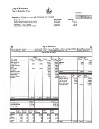 Gity of Bellevue
Payroll Deposit Advice
Deposited to the account of: RUSSELL BETTERIDGE
Deposlted to:
PORTLAND TEACHERS CREDIT UNION
PORTLAND TEACHERS CREDIT UNION
UNIVERSITY CREDIT UNION
BOEING EMPLOYEES CREDIT UNION
1U5t2412
Routlng #:
323075880
323075880
324079416
325081403
Amou nt:
$1219.41
$242.75
$124.00
$863.45
City of Bellevue
Name: Betteridqe, Russell Employee #i 172511 Advice #t 248672 Period Ending:913012012 Deposit Dale: 1otstzo12
Monthlv Salarv: 5.506.82 Hourly Rate: 31.770 Tax Status/Exemptions: M / 1B Routing: 420001204
IMPORTANT MESSAGE
Pav Tvpe
Current
faxes
Current
faxes
YTD
TaxesHours Earnings Hours Earnings
IREGULAR
M FURLOUGH
VACATION
VACATIONFMLA
SICK
SICK FMLA
HOLIDAY
PERS HOLIDAY
PER HOL FMLA
OVERTIME
EXTRA HOURS
PARKC
72.O0
5.00
3.00
2,4 99.25
158.85
95.31
1,421.00
24.00-
100.00
8.00
36.00
11.00
56.00
8.00
8.00
37.18
1.50
44,526.11
758.63-
3,097.40
254.16
1,1',t5.75
349.47
1,722.92
254.16
254.16
1,707.85
45.39
90.00
FIT
Medicare
IIMA
37.99
3.36
10.06
733.43
67.06
Totals: 41.35 810.55
Deductions
Pre-
Tax
Post-
Tax
YTD
Deductions
Pre-Tax Medical
Pre.Tax Dental
PR2 Employee
MEBT 401k Basic
DD REJECT/RI
106.21
26.88
127.76
63.60
62.00-
1,744,00
333.96
2,435.21
1,214.32
62.00-
Totals: 80.00 2,753.41 1662.68 52,659.34
Current YTD
Gross Earnings 2,753.41
Taxabfe Earnings 2,428.96
Net Earnings 2,449.61
52,659.34
46,927.85
46,179.30
Leaves
Begin
Balance
Current
Added
Current
Used
End
Balance
YTD
Added
YTD
Used
Vacation
Sick
Comp
Pers Hol
Holiday
Kcllv
27.00
67.00
.00
.00
.00
.00
8.00
8.00
.00
.00
.00
.00
5.00
3.00
.00
.00
.00
.00
30.00
72,00
,00
.00
.00
.oo
80.00
80.00
.00
16.00
.00
.00
108.00
47.00
.00
16.00
.00
o0 Totals: 324.45 62.00- 5,669.49
 