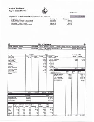 Gity of Bellevue
Payroll Deposit Advice
Deposited to the account of: RUSSELL BETTERIDGE
Deposited to:
PORTLAND TEACHERS CREDIT UNION
PORTLAND TEACHERS CREDIT UNION
UNIVERSITY CREDIT UNION
BOEING EMPLOYEES CREDIT UNION
11t8t2012
Routing #:
323075880
323075880
324079416
325081403
Amount:
$834.41
$242.75
$62.00
$1247.33
Gity of Bellevue
Name: Betteridge, Russell Employee #: 172511 Advice #: 251310 Period Ending:1013112012 Deposit Dalet 11t1l2o12
Monthly Salary: 5,506.82 Hourly Rate: 31.770 Tax Status/Exemptions: M / 18 Routing: 420001204
IMPORTANT MESSAGE
Pay Type
Current
Taxes
Current
Taxes
YTD
TaxesHours Earninos Hours Earnings
IREGULAR
lu runlouon
IVACATION
lvecnrrorurru
SICK
SICK FMLA
HOLIDAY
PERS HOLIDAY
PER HOL FMLA
OVERTIME
EXTM HOURS
PARKC
96.00 2,753.41 1,605.00
24.00-
100.00
8.00
36.00
1 1.00
56.00
8.00
8.00
40.18
1.50
50,03s.53
758.63-
3,097.4C
254.1e
1,115.75
349.47
1,722.92
254.16
254.16
1,850.82
45.s9
90.00
FII
Medicare
IIMA
37.99
4.48
10.06
813.42
75.79
Totals: 42.47 899.27
Deductions
Pre-
Tax
Post-
Tax
YTD
Deductions
lPre-Tax Medical
lPre-Tax Dental
leR2 Emptoyee
I MEBT 4o1k Basic
loo neleclnr
106.21
26.88
127.76
63.60
1,850.21
360.84
2,701.36
'1,344.83
62.00-
Totals: 96.00 2,753.41 1849.68 58,309.13
Current YTD
Gross Eamings 2,753.41
Taxable Earnings 2,428.96
Net Earnings 2,386.49
58,309.13
52,051.89
51,214.62
Leaves
Begin
Balance
Current
Added
Current
Used
End
Balance
YTD
Added
YTD
Used
Vacation
Sick
Comp
Pers Hol
Holiday
Kellv
30.00
72.O0
.00
.00
.00
.00
8.00
8.00
.00
.00
.00
.00
.00
.00
.00
.00
.00
.00
38.00
80.00
.00
.00
.00
00
88.00
88.00
.00
16.00
.00
00
'108.00
47.OO
.00
16.00
.00
no Totals: 324.45 .001 6,195.24
$950-$950=
 