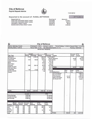 City of Bellevue
Payroll Deposit Advice
Deposited to the account of : RUSSELL BETTERIDGE
Deposited to:
PORTLAND TEACHERS CREDIT UNION
PORTLAND TEACHERS CREDIT UNION
UNIVERSIry CREDIT UNION I
BOEING EMPLOYEES CREDIT UNION i
11t21t2012
Routing #:
323075880
323075880
324079416
325081403
Amounl:
$1188.41
$242.75
$62.00
$1090.88
City of Bellevue
Name: Betteridge, Russell Employee #i 172511 Advice #:2s26 Period Ending : 1 1 I 1 st2012 Deposit Date'. 1 1 121 l2O1
Monthly Salary: 5,506.82 Hourly Rate: 31.770 Tax Status/Exemptions; M / 1B Routinq: 420001204
IMPORTANT MESSAGE
Pay Type
Cu rrent
Taxes
Current
Taxes
YTD
TaxesHours Earninqs Hours Earnings
IREGULAR
IM FURLoUGH
lvRcnloru
lvecmorupuua
SICK
SICK FMLA
HOLIDAY
PERS HOLIDAY
PER HOL FMLA
OVERTIME
EXTRA HOURS
PARKC
75.00
5.00
8.00
1.50
2,340.40
'158.85
254.16
71.48
1,680.0C
24.00-
10s.00
8.00
36.00
11.00
64.00
8.00
8.00
41.68
1.50
52,373.9:
758.63-
3,256.2!
254.1t
1,115.7!
349.4i
1,977 .0t
zil.1e
254.18
1,92234
45.39
90.00
FIT
Medicare
IIMA
40.96
3.57
10.06
854.38
79.36
Totals: 44.53 943.80
Deductions
Pre-
Tax
Post-
Tax
YTD
Deductions
lPre-Tax Medical
lPre-Tax Dental
lenz rmployee
luEgT+otk Basic
lDo Rrrecrnr
I
131.07
65.25
1,850.21
360.84
2,832.43
1 ,4'10.08
62.00-
Totals: 89.5C 2,824.89 1939.'18 61 ,134,02
Current YTD
Gross Eamings 2,824.89
Taxable Earnings 2,628.57
Net Eamings 2,584.04
61,134.02
54,680.46
53,798.66
Leaves
Begin
Balance
Current
Added
Current
Used
End
Balance
YTD
Added
YTD
Used
Vacation
Sick
Comp
Pers Hol
Holiday
Kellv
38.00
80.00
.00
.00
.00
.00
.00
.00
.00
.00
.00
oo
5.00
.00
.00
.00
.00
o0
33.00
80.00
.00
.00
.00
00
88.00
88.00
.00
16.00
.00
o0
1 13.00
47.OO
.00
16.00
.00
.00 btals: 196,32 | .001 6,391.56
.A"",
#3rsrli-s("
s***"*2,584.04
-$950=
 