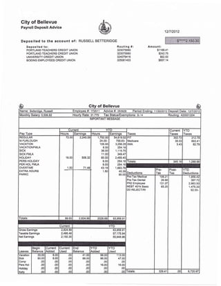 City of Bellevue
Payroll Deposit Advice
.4",.
#3tur]i-o." 1217t2012
Deposited to the account of : RUSSELL BETTERIDGE
Deposited to:
PORTLAND TEACHERS CREDIT UNION ]
PORTLAND TEACHERS CREDIT UNION
UNIVERSITY CREDIT UNION i
BOEING EMPLOYEES CREDIT UNION i
Routing #:
323075880
323075880
324079416
325081403
Amount:
$1 188.41
$242.75
$62.00
$657.14
c of Bellevue
Name: Betteridge, Russell Employee #'. 172511 Advice #: 253929 Period Endinq: 11130t2012 Deposit Datei 12t7t2012
Monthly Salary: 5,506.82 Hourly Rate: 31.770 Tax Status/Exemptions: S / 4 Routing: 20001204
IMPORTANT MESSAGE
Pay Type
Current
Taxes
Current
Taxes
YTD
TaxesHours Earninqs Hours E.arntnos
REGULAR
M FURLOUGH
VACATION
VACATIONFMLA
srcK
SICK FMLA
HOLIDAY
PERS HOLIDAY
PER HOL FMLA
OVERTIME
EXTRA HOURS
PARKC
72.00
16.00
1.50
2,245.09
508.32
71.48
1 752.O0
24.00-
105.00
8.00
36.00
11.00
80.00
8.00
8.00
43.18
1.50
54,619.02
758.63-
3,256.25
254.16
1,115.75
349.47
2,485.40
254.16
254.16
1,993.78
45.39
90.00
FII
Medicare
IIMA
302_72
39.03
3.43
312.78
893.41
82.79
Totals: 345.18 1,288.98
Deductions
Pre-
Tax
Post-
Tax
YTD
Deductions
Pre- Medical
Pre-Tax Dental
PR2 Employee
MEBT 401k Basic
DD REJECT/RI
106.21
26.88
131.O7
65.25
1,956.42
387.72
2,963.50
1,475.33
62.00-
fotals: 89.50 2,824.89 2028.68 63,958.91
Current YTD
Gross Eamings 2,624.89
Taxable Eamings 2,495.48
Net Earnings 2,150.30
63,958.91
57,175.94
55,948.96
Leaves
Begin
Balance
gurrent
Added
Current
Used
End
Balance
YTD
Added
YTD
Used
vacation
Sick
Comp
Pers Hol
Holiday
Kellv
33.00
80.00
.00
.00
.00
00
8.00
8.00
.00
.00
.00
o0
.00
.00
.00
.00
.00
.00
4't.0c
88.00
.00
.00
.00
.00
96.00
96.00
.00
16.00
.00
.00
1 13.00
47.00
.00
16.00
.00
.00 Totals: 329.41 .001 6,720.97
$***"*2,150.30
 