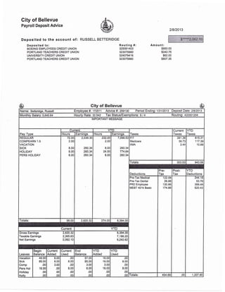 City of Bellevue
Payroll Deposit Advice
Deposited to the account of : RUSSELL BETTERIDGE
Deposlted to:
BOEING EMPLOYEES CREDIT UNION
PORTLAND TEACHERS CREDIT UNION
UNIVERSITY CREDIT UNION
PORTLAND TEACHERS CREDIT UNION
2t8t2013
Routing #:
325081403
323075880
324079416
323075880
Amount:
$950.00
$242.75
$62.00
$807.35
City of Bellevue
Name: Betteridge, Russell Employee #: 172511 Advice #: 259130 Period Ending:113112013 Deposit Oale:21812013
Monthlv Salarv: 5,640.64 lourly Rate: 32.542 Tax Status/Exemptions: S / 4 Routing: 420001204
IMPORTANT MESSAGE
Pay Type
Current
faxes
Current
Taxes
YTD
TaxesHours Earninos Hours Earninos
REGULAR
COMPEARN 1.5
VACATION
SICK
HOLIDAY
PERS HOLIDAY
72.00
2.00
8.00
8.00
8.00
2,039.30
260.34
260.34
260.U
232.00
2.O0
8.00
24.00
8.00
7,098.53
260.34
774.84
260.34
FIT
Medicare
IIMA
261.36
38.73
3.44
815.31
1 17.39
'10.88
Totals: 303.53 943.58
Deductions
Pre-
Tax
Post-
Tax
YTD
Deductions
Pre-Tax Medical
Pre-Tax Dental
PR2 Employee
MEBT 401k Basic
122.09
26.88
130.86
174.86
244.18
53.76
389.48
520.43
Totals: 98.00 2,820.32 274.00 8,394.05
Current YTD
Gross Eamings 2,820.32
faxable Earnings 2,365.63
Net Eamings 2,062.10
8,394.05
7,186.20
6,242.62
Leaves
Begin
Balance
Current
Added
Current
Used
End
Balance
YTD
Added
YTD
Used
Vacation
Sick
Comp
Pers Hol
Holiday
Kellv
49.00
85.00
.00
16.00
.00
00
8.00
8.00
3.00
.00
.00
.00
.00
8.00
.00
8.00
.00
.00
57.0C
85.00
3.00
8.00
.00
.0c
'16.00
16.00
3.00
16.00
.00
.00
.00
8.00
.00
8.00
.00
.00 Totals: 454.69 .00 1,207.85
$i"**i2,062,10
-$65
————-
 