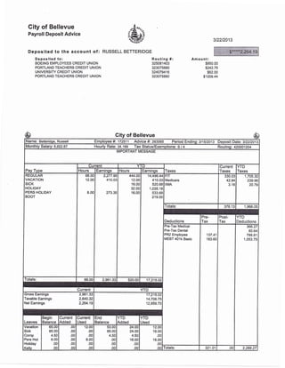 Gity of Bellevue
Payroll Deposit Advice
Deposited to the account of:
Deposited to:
BOEING EMPLOYEES CREDIT UNION
PORTLAND TEACHERS CREDIT UNION
UNIVERSITY CREDIT UNION
PORTLAND TEACHERS CREDIT UNION
I
';' BE'
- O'ra- '(^a-.
.#4S
,",ii-o"
RUSSELL BETTERIDGE
312212013
Routing #r
325081403
323075880
324079416
323075880
Amount:
$950.00
$242.75
$62.00
$1009.44
of Bellevue
Name: Betteridge, Russell Employeq #J 7251 1 Advice #: 263065 Period Ending : 3115t2013 Deposit Date'. 3t22lzo13
Monthly Salary: 5,922.67 Hourly Rate: 34.169 Tax Status/Exemptions: S / 4 Routing: 420001204
IMPORTANT MESSAGE
Pay Type
Current YTD
Taxes
Current
Taxes
YTD
IaxesHours Earninos Hours Earninos
IREGULAR
lvncnrroru
lsrcr
HOLIDAY
PERS HOLIDAY
BOOT
68.00
12.00
8. 00
2,277.95
410.03
273.35
444.OO
't2.o0
16.00
32.00
16.00
14,496.44
410.03
520.68
1,035.18
533.69
219.00
FIT
Medicare
IIMA
330.03
42.94
3.16
1,705.30
239.96
20.79
Totals: 376.1 1,966.05
Deductions
Pre-
Tax
Post-
Tax
YTD
Deductions
lPre-Tax Medical
lPre-Tax Dental
lenz empryee
MEBT 401k Basic
137.41
'183.60
366.21
80.64
788.61
'1,053.75
Totals: 88.00 2,961.33 520.00 17,215.02
Current YTD
Gross Eamings 2,961.33
Taxable Eamings 2,640.32
Net Earnings 2,264.19
17,215.02
14,706.75
12,959.74
Leaves
Begin
Balance
Current
Added
Current
Used
End
Balance
YTD
Added
YTD
Used
Vacation
Sick
Comp
Pers Hol
Holiday
Kellv
65.00
85.00
4.50
8.00
.00
00
.00
.00
.00
.00
.00
00
12.OO
.00
.00
8.00
.00
00
53.00
85.00
4.50
.00
.00
.00
24.OO
24.O0
4.50
16.00
.00
o0
1 2.OA
6.00
.00
6.00
.00
0n
1
1
Totals: 321.01 001 2,289.27
$***"2,264.19
-$65
————-
 