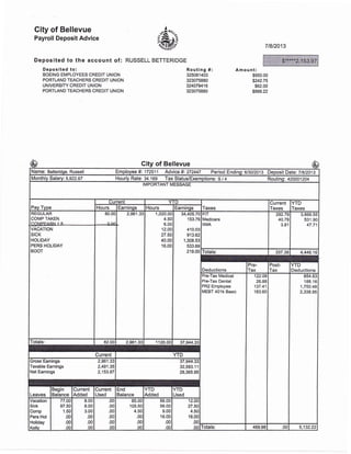 Gity of Bellevue
Payroll Deposit Advice
Deposited to the account of: RUSSELL
Deposited to:
BOEING EMPLOYEES CREDIT UNION
PORTLAND TEACHERS CREDIT UNION
UNIVERSITY CREDIT UNION
PORTLAND TEACHERS CREOIT UNION
"*4."*-
rustsrrli-sf 7t8t2013
BETTERIDGE
Routing #:
325081403
323075880
324079416
323075880
Am ou nt:
$950.00
$242.75
$62.00
s899.22
City of Bellevue
Name: Betteridge, Russell Employee #: 172511 Advice #i 272447 Period Ending : 613012013 Deposit Dale'. 7 1812013
!&lt!1v Salary: 5,e22.67 Hourly Rate: 34.169 Tax Status/Exemptions: S / 4 Routing: 420001204
IMPORTANT MESSAGE
Pay Type
Current YTD
Taxes
Current
Taxes
YTD
TaxesHours Earninqs Hours Earninos
REGULAR
COMP TAKEN
^/f
iroE^ pf,t { <
80.00 2,961.33 1,020.00
4.50
6.00
12.00
27.50
40.00
16.00
34,405.70
153.76
410.03
913.62
1,308.53
533.69
219.00
FIT
Medicare
IIMA
292.79
40.78
3.81
3,866.55
531 .90
47.71
VACATION
SICK
HOLIDAY
PERS HOLIDAY
BOOT Totals: 337.38 4,446.16
Deductions
Pre-
Tax
Post-
Tax
YTD
Deductions
Pre-Tax Medical
Pre-Tax Dental
PR2 Employee
MEBT 40'1k Basic
122.O9
26.88
137.41
183.60
854.63
1 88.1 6
1,750.48
2,338.95
Totals: 82.00 2,961.33 1126.00 37.944.33
Current YTD
Gross Eamings 2,961.33
Taxable Eamings 2,491.35
Net Eamings 2,153.97
37,944.33
32,593.11
28,365.95
Leaves
Begin
Balance
Current
Added
Current
Used
End
Balance
YTD
Added
fiD
Used
Vacation
Sick
Comp
Pers Hol
Holiday
Kellv
77.OO
97.50
1.50
.00
.00
00
E.00
8.00
3.00
.00
.00
.00
.00
.00
.00
.00
.00
.00
85.00
105.50
4.50
.00
.00
.00
56.00
56.00
9.00
16.00
.00
.00
12.00
27.50
4.50
16.00
.00
.00 Totals: 469.98 .00 5,132.22
o*****o!Lt
-$65
————-
 