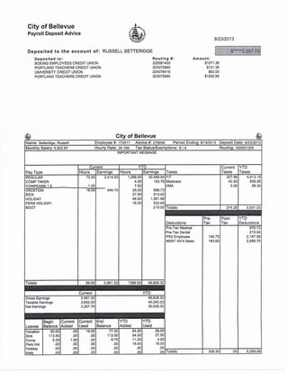 Gity of Bellevue
Payroll Deposit Advice
Deposited to the account of:
Deposited to:
BOEING EMPLOYEES CREDIT UNION
PORTLAND TEACHERS CREDIT UNION
UN IVERSITY CREDIT UNION
PORTLAND TEACHERS CREDIT UNION
oA,,"u^
w)sru,rii-n "
RUSSELL BETTERIDGE
812312013
Routing #:
325081403
323075880
324079416
323075880
Amount:
$1071.38
$ 121 .38
$62.00
$1002.99
City of Bellevue
Name: Betteridge, Russell Employee #i 172511 Advice #: 276548 Period Ending: th512013 Deposit Dalei 812312013
Month ly Salary i 5,922.67 lourly Rate: 34.169 Tax Status/Exem rptions:S/4 Routing:420001204
IMPORTANT MESSAGE
Pay Type
Current
Taxes
Current
Taxes
YTD
TaxesHours Earninos Hours Earninqs
REGULAR
COMP TAKEN
COMPEARN 1.5
VACATION
stcK
HOLIDAY
PERS HOLIDAY
BOOT
tz.oo
1.00
16.00
2,414.63
-
546.7A
1,268.00
4.50
7.50
28.00
27.50
48.00
16.00
42,469.64
153.76
956.73
913.62
1,581.88
533.69
219.O0
FIT
Medicare
IIMA
327.96
42.93
3.39
4,813.18
658.55
59.30
Totals: 374.28 s,531.03
Deductions
Pre-
Tax
Post-
Tax
YTD
Deductions
Pre-Tax Medicitl
Pre-Tax Dental
PR2 Employee
MEBT 40'lk Basic
145.70
183.60
9t6.tz
215.04
2,187.58
2,889.75
Totals: 89.0C 2,961.33 1399.50 46,828.32
Current YTD
Gross Eamings 2,961.33
Taxable Eamings 2,632.03
Net Eamings 2,257.75
46,828.32
40,340.23
35,028.20
Leaves
Begin
Balance
Current
Added
Current
Used
End
Balance
YTD
Added
YTD
Used
Vacation
Sick
Comp
Pers Hol
Holiday
Kellv
93.0U
113.5C
5.28
.0c
.0c
.0c
.00
.00
1.50
.00
.00
oo
16.00
.00
.00
.00
.00
o0
77.00
1 13.50
6.75
.00
.00
.00
64.00
64.00
11.25
16.00
.00
.00
28.00
27.5A
4.50
16.00
.00
o0 Totals: 329.30 .00 6,269.09
$*"*"*2,257
-$950=
-$65
————-
 