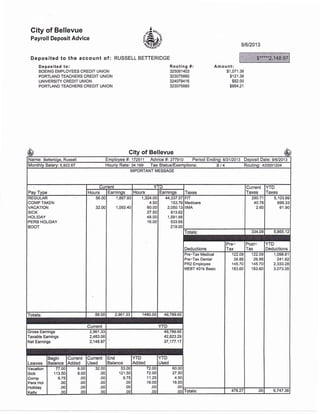 City of Bellevue
Payroll Deposit Advice
Deposited to the account of:
Deposlted to:
BOEING EMPLOYEES CREDIT UNION
PORTLAND TEACHERS CREDIT UNION
UNIVERSITY CREDIT UNION
PORTLAND TEACHERS CREDIT UNION
91612013
RUSSELL BETTERIDGE
Routing #:
325081403
323075880
324079416
323075880
Am o unt:
$1,071.38
$121.38
$62.00
$894.21
Gity of Bellevue
Name: Betteridge, Russell Employee #i 172511 Advice #:277910 Period Ending'.813112013 Deposit Date: 9/6/2013
Monthly Salary: 5,922.67 Hourly Rate: 34.169 Tax StatusiExemptions: S / 4 Routing: 420001204
IMPORTANT MESSAGE
Pay Type
Current YTD
Taxes
Current
Taxes
YTD
TaxesHours Earninos Hours Earnings
REGULAR
COMP TAKEN
VACATION
SICK
HOLIDAY
PERS HOLIOAY
BOOT
56.0C
32.0C
1,867.93
1,093.40
1,324.00
4.50
60.00
27.50
48.00
16.00
44,337.57
153.76
2,050.13
913.62
1,581.88
533.69
219.00
FIT
Medicare
IIMA
290.71
40.78
2.60
5,103.89
699.33
61.90
Totals: 334.09 5,865.12
Deductions
Pre-
Tax
Post-
Tax
YTD
DeduDtions
Pre-Tax Medical
Pre-Tax Dental
PR2 Employee
MEBT 401k Basic
122.09
26.88
145.70
183.60
122.O9
26.88
145.70
183.60
1,098.8'1
241.92
2,333.28
3,073.35
Totals: 88.00 2,961.33 1480.00 49,789.65
Current YTD
Gross Eamings 2,961.33
Taxable Eamings 2,483.06
Net Earnings 2,148.97
49,789.65
42,823.29
37,177.17
Leaves
Begin
Balance
Current
Added
Current
Used
End
Balance
YTD
Added
YTD
Used
vacaton
Sick
Comp
Pers Hol
Holiday
Kellv
77.O0
1 13.50
6.75
.00
.00
00
8.00
8.00
.00
.00
.00
oo
32.00
.00
.00
.00
.00
.00
53.00
121.50
6.75
.00
.00
oo
l2.ot)
72.OO
11.25
16.00
.00
oo
60.00
27.50
4.50
16.00
.00
00 Totals: 478.27 .00 6,7473e
c*****o94t
Respondent Began doubling
his deductions August 2013
-$950=
-$65
————-
 