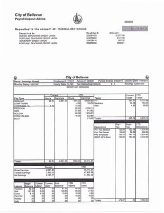 City of Bellevue
Payroll Deposit Advice
Deposited to the account of:
Deposlted to:
BOEING EMPLOYEES CREDIT UNION
PORTLAND TEACHERS CREDIT UNION
UNIVERSITY CREDIT UNION
PORTLAND TEACHERS CREDIT UNION
lza BFt
W?sa'i*-u("
RUSSELL BETTERIDGE
280605
Routing #:
325081403
323075880
324079416
323075880
Amount:
$1,071.38
$121.38
$62.00
$892.51
City of Bellevue
I'larne'. B"tte,idoe, R,,J"sell Employee #i 172511 Advice #: 280605 Period Ending:913012013 Depg!!! !q! l
Monthly Salary: 5,922.67 Hourly Rate: 34.169 Tax Status/Exemptions: s / 4 Routing: 420001204
IMPORTANT MESSAGE
Pay Type
Current YTD
Taxes
Current
Taxes
YTD
TaxesHours Earnings Hours Earninqs
REGULAR
COMP TAKEN
88.00
AEI
2,961 .33 1,484.00
4.50
12.OO
60.00
27.50
56.00
16.00
49,986.88
153.76
2,050.13
913.62
1,855.23
533.69
219.00
FIT
Medicare
IIMA
290.71
40.78
4.30
5,722.56
783.05
69.55
VACATION
SICK
HOLIDAY
PERS HOLIDAY
BOOT Totals: 335.79 6,575.1 6
Deductions
Pre-
Tax
Post-
Tax
YTD
Deductions
Pre-Tax Medical
Pre-Tax Dental
PR2 Employee
MEBT 401k Basic
122.09
26.88
145.70
183.60
122.09
26.88
145.70
183.60
1,220.90
268.80
2,624.68
3,440.55
Totals: 92.5U 2,961.33 1660.00 55,712.31
Current YTD
Gross Eamings 2,961.33
Taxable Earnings 2,483.06
Net Earnings 2,147.27
55,712.31
47,938.38
41,582.22
LEAVES
Begin
Balance
Current
Added
Current
Used
End
Balance
YTD
Added
YTD
Used
Vacation
Sick
Somp-
Pers Hol
Holiday
Kallv
53.00
121.50
6.75
.00
.00
00
8.00
8.00
6.75
.00
.00
.00
.00
.00
.00
.00
.00
00
61.00
129.5C
13.50
.00
.0c
00
80.00
80.00
18.00
16.00
.00
.00
60.0u
27.50
4.50
16.00
.00
no Totals: 478.27 .00 7,554.93
$*****2,147
-$950=
-$65
————-
 
