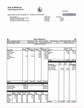 City of Bellevue
Payroll Deposit Advice
Depos ited to the account of :
Deposited to:
BOEING EMPLOYEES CREDIT UNION
UNIVERSITY CREDIT UNION
PORTLAND TEACHERS CREDIT UNION
^o€'€Q-
|-^",2
=&r
,sa.ii-s."
RUSSELL BETTERIDGE
11t22t2013
Routing #:
325081403
324079416
323075880
Amou nt:
$1,200.00
$62.00
$995.41
City of Bellevue
Name: Betteridge, Russell Employee #: 172511 Advice #: 2846u Period Endingi 1111512013 )eposit D ale: 1 1 1221201
Monthly Salary: 5,922.67 Hourly Rate: 34.169 Tax Status/Exemptions: S / 4 Routing: 420001204
IMPORTANT MESSAGE
Pay Type
Current YTD
Taxes
Current
Taxes
YTD
TaxesHours Earninqs Hours Earninos
REGULAR
COMP TAKEN
VACATION
SICK
HOLIDAY
PERS HOLIDAY
BOOT
80.00
8.00
2,687.98
273.35
1,732.04
4.50
60.00
43.50
64.00
16.00
58,050.82
153.76
2,050.13
1,460.32
2,128.58
533.69
219.00
FIT
Medicare
IIMA
327.96
42.94
3.72
6,669.19
909.71
81.U
Totals: 374.62 7,660.24
Deductions
Pre-
Tax
Post-
fax
YTD
Deductions
Pre-Tax Medical
Pre-Tax Dental
PR2 Employee
MEBT 401k Basic
145.70
183.60
145.70
183.60
1,342.99
295.68
3,061.78
3,991.35
Totals: 88.00 2,961.33 1920.00 64,596.30
Current YTD
Gross Eamings 2,961.33
Taxable Earnings 2,632.03
Net Earnings 2,257.41
64,596.30
55,685.50
48,244.26
Leaves
Begin
Balance
Current
Added
Current
Used
End
Balance
YTD
Added
YTD
Used
Vacation
Sick
Comp
Pers Hol
Holiday
Kellv
69.00
121.50
21.75
.00
.00
nn
.00
.00
.00
.00
.00
oo
.00
.00
.00
.00
.00
o0
69.00
121.50
21.75
.00
.00
00
88.00
88.00
26.25
16.00
.00
on
60.00
43.50
4.50
16.00
.00
nn Iotals: 329.30 .00 8,691.80
.. $*"""*2,257.41
No Direct Deposit Set-up for Ordered Honda Payment
-$950=
-$65
—————
 