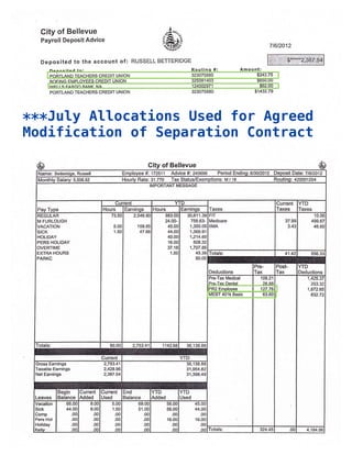 City of Bellevue
Payroll Deposit Advice
oA,,"o
'Ra*-tsrrii-6{e 71612012
Deposited to the account of : RUSSELL BETTERIDGE
Deposiled to:
PORTLAND TEACHERS CREDIT UNION
BOEING EMPLOYEES CREDIT UNION
WELLS FARGO BANK, NA
PORTLAND TEACHERS CREDIT UNION
Routing #: Amountl
323075880
325081403
124002971
323075880
$242.75
$650.00
$62.00
$1432.79
City of Bellevue
Name: Betteridge, Russell Employee #: 172511 Advice #: 240666 ?erio i2012
Monthlv Salary: 5,506.82 Hourly Rate: 31.770 Tax Status/Exemptions: M / 18 Routing: 4:20001204
IMPORTANT MESSAGE
Pay Type
Current Y'
Taxes
Current
Taxes
YTD
TaxesHours Earnings Hours Earnings
IREGULAR
ln,t runloucn
lvAcATroN
lsrcr
HOLIDAY
PERS HOLIDAY
OVERTIME
EXTRA HOURS
PARKC
/3.50
5.00
1.50
2,546.90
158.85
47.66
983.00
24.00-
45.00
44.OO
40.00
16.00
37.1 I
't.50
30,611.39
758_63-
1,350.05
1,369.91
1,214.60
508.32
1,707.85
45.39
90.00
FIT
Medicare
IIMA
37.99
3.43
10.06
499.67
46.60
Totals: 4't.42 5s6.33
Deductions
Pre-
Tax
Post-
Tax
YTD
Deductions
Pre-Tax Medical
Pre-Tax Dental
PR2 Employee
MEBT 401k Basic
106.21
26,88
127_76
63_60
1,425.37
253.32
1,672.65
832.72
Totals: 80.00 2,753.41 1142.68 36,138.88
Current YTD
Gross Earnings 2,753.41
Taxable Earnings 2,428.96
Not Earnings 2,387.U
36,138.88
3'.1,954.82
31,398.49
Leaves
Begin
Balance
Current
Added
Current
Used
End
Balance
YTD
Added
YTD
Used
Vacation
Sick
Comp
Pers Hol
Holiday
Kellv
66.00
44.50
.00
.00
.00
00
8.00
8.00
.00
.00
.00
_oo
5.00
1.50
.00
.00
.00
oo
69.00
51.00
.00
.00
.00
oo
56.00
56.00
.00
16.00
.00
0n
45.O0
44.00
.00
16.00
.00
oo Totals: 324.45 .00 4,184.0e
***July Allocations Used for Agreed
Modification of Separation Contract
 