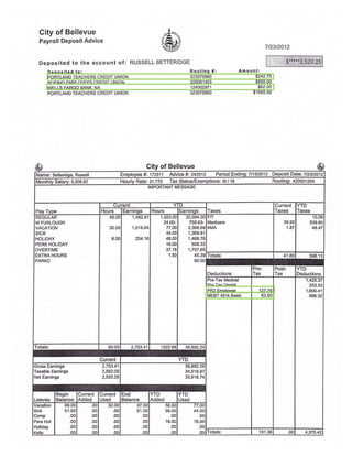 City of Bellevue
Payroll Deposit Advice
Deposited to the account of:
Depos lted to:
PORTLAND TEACHERS CREDIT UNION
BOEING EMPLOYEES CREDIT UNION
WELLS FARGO BANK, NA
PORTLAND TEACHERS CREDIT UNION
"-4:-*
'&srsar-i-c,("
RUSSELL BETTERIDGE
712312012
Rouling #:
323075880
325081403
124002971
323075880
Amount:
$242.75
$650.00
$62.00
$1565.50
City of Bellevue
Name: Betteridqe, Russell Employee #: 172511 Advice #: 242013 Period Ending:711512012 Deposit Datei 712312012
Monthlv Salarv: 5,506.82 lourly Rate: 31.770 Tax Status/Exemptions: M / 18 Routing: 420001204
IMPORTANT MESSAGE
Pav Type
Current D
Taxes
Current
Taxes
YTD
TaxesHours Earnings Hours Earnings
IREGULAR
ln,t runlouox
IVACATION
SICK
HOLIDAY
PERS HOLIDAY
OVERTIME
EXTM HOURS
PARKC
40.00
32.00
8.00
1,442.b1
1,016.64
254.16
1 ,023.00
24.00-
77.00
44.00
48.00
16.00
37.',t$
1.50
32,094.00
758.63-
2,366.69
1,369.91
1,468.76
508.32
1,707.85
45.39
90.00
FIT
Medicare
IIMA
39.93
1.87
10.06
539.60
48.47
Totals: 41.80 598.13
Deductions
Pre-
Tax
Post-
Tax
YTD
Deductions
Pre-Tax Medical
Pre-Tax Dental
PR2 Employee
MEBT 401k Basic
127.76
63.60
1,425.37
253.32
1,800.41
896.32
Totals: 80.00 2,753.41 1222.68 38,892.29
Current YTD
Gross Earnings 2,753.41
Taxable Earnings 2,562.05
Net Earnings 2,520.25
38,892.25
34,516.87
33,918.74
Leaves
Begin
Balance
Current
Added
Current
Used
End
Balance
YTD
Added
YTD
Used
Vacation
Sick
Comp
Pers Hol
Holiday
Kollv
69.00
5't.00
.00
.00
.00
o0
.00
.00
.00
.00
.00
oo
32.00
.00
.00
.00
.00
.00
37.00
51.00
.00
.00
.00
.00
56.00
56.00
.00
16.00
.00
.00
77.00
44.OO
.00
't 6.00
.00
o0 Totals: 19't .36 .00 4,375.42
 