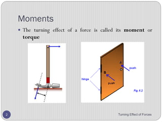 Moments
• Describe the moment of a force in terms of its turning
effect and relate this to everyday examples.
• .
Turning Effect of Forces 2
 