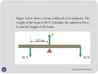 a. Calculate the moment of the 4 N force about O.
b. Calculate the moment of the 6 N force about O.
c. Will the plank balance? If not which way will it tip?
d. What extra force is needed at point P to balance the plank?
e. In which direction must the force at P act?
Turning Effect of Forces 22
 