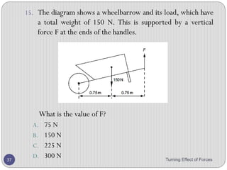 4. The weights of four objects, 1 to 4, are compared using
a balance.
Which object is the lightest?
A. object 1
B. object 2
C. object 3
D. object 4
Turning Effect of Forces 37
 