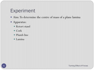 8. Forces are applied to a uniform beam pivoted at its
centre.
9. Which beam is balanced?
Turning Effect of Forces 41
D
 