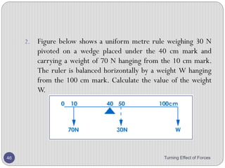 13. In an experiment, six identical bags of flour are balanced
by a 9 kg mass.
14. Two bags of flour are removed. What mass will balance
the remaining bags?
A. 3 kg
B. 6 kg
C. 7 kg
D. 9 kg
Turning Effect of Forces 46
 