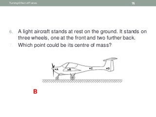 6. A light aircraft stands at rest on the ground. It stands on
three wheels, one at the front and two further back.
7. Which point could be its centre of mass?
Turning Effect of Forces 76
B
 