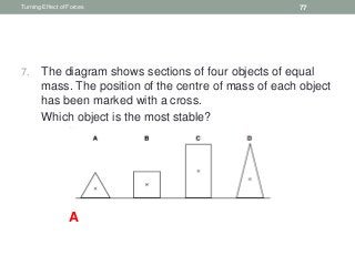 7. The diagram shows sections of four objects of equal
mass. The position of the centre of mass of each object
has been marked with a cross.
8. Which object is the most stable?
Turning Effect of Forces 77
A
 