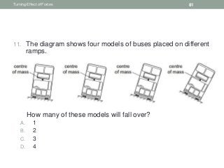 11. The diagram shows four models of buses placed on different
ramps.
How many of these models will fall over?
A. 1
B. 2
C. 3
D. 4
Turning Effect of Forces 81
 