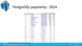 htp://db-engines.com/en/ranking
PostgreSQL popularity - 2014
 