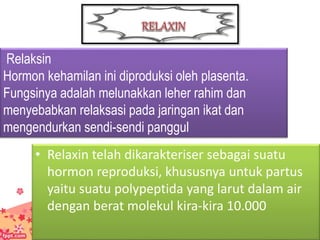 • Relaxin telah dikarakteriser sebagai suatu
hormon reproduksi, khususnya untuk partus
yaitu suatu polypeptida yang larut dalam air
dengan berat molekul kira-kira 10.000
Relaksin
Hormon kehamilan ini diproduksi oleh plasenta.
Fungsinya adalah melunakkan leher rahim dan
menyebabkan relaksasi pada jaringan ikat dan
mengendurkan sendi-sendi panggul
 