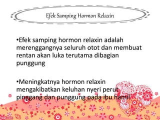 Efek Samping Hormon Relaxin
•Efek samping hormon relaxin adalah
merenggangnya seluruh otot dan membuat
rentan akan luka terutama dibagian
punggung
•Meningkatnya hormon relaxin
mengakibatkan keluhan nyeri perut
pinggang dan punggung pada ibu hamil
 