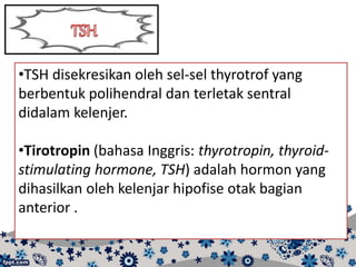 •TSH disekresikan oleh sel-sel thyrotrof yang
berbentuk polihendral dan terletak sentral
didalam kelenjer.
•Tirotropin (bahasa Inggris: thyrotropin, thyroid-
stimulating hormone, TSH) adalah hormon yang
dihasilkan oleh kelenjar hipofise otak bagian
anterior .
 