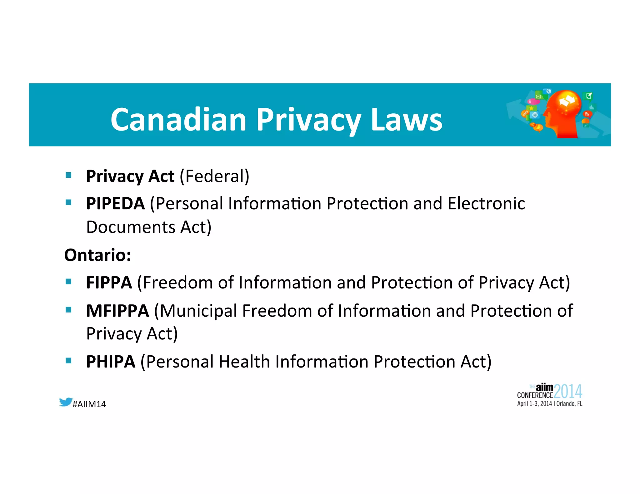 #AIIM14	
  
Canadian	
  Privacy	
  Laws	
  
§  Privacy	
  Act	
  (Federal)	
  
§  PIPEDA	
  (Personal	
  Informa8on	
  Protec8on	
  and	
  Electronic	
  
Documents	
  Act)	
  
Ontario:	
  
§  FIPPA	
  (Freedom	
  of	
  Informa8on	
  and	
  Protec8on	
  of	
  Privacy	
  Act)	
  
§  MFIPPA	
  (Municipal	
  Freedom	
  of	
  Informa8on	
  and	
  Protec8on	
  of	
  
Privacy	
  Act)	
  
§  PHIPA	
  (Personal	
  Health	
  Informa8on	
  Protec8on	
  Act)	
  
	
  
 