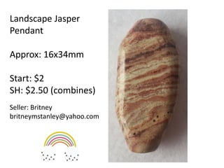 Landscape Jasper
Pendant
Approx: 16x34mm
Start: $2
SH: $2.50 (combines)
Seller: Britney
britneymstanley@yahoo.com
 