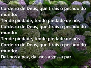 Cordeiro de Deus, que tirais o pecado do
mundo:
Tende piedade, tende piedade de nós
Cordeiro de Deus, que tirais o pecado do
mundo:
Tende piedade, tende piedade de nós
Cordeiro de Deus, que tirais o pecado do
mundo:
Dai-nos a paz, dai-nos a vossa paz.
 