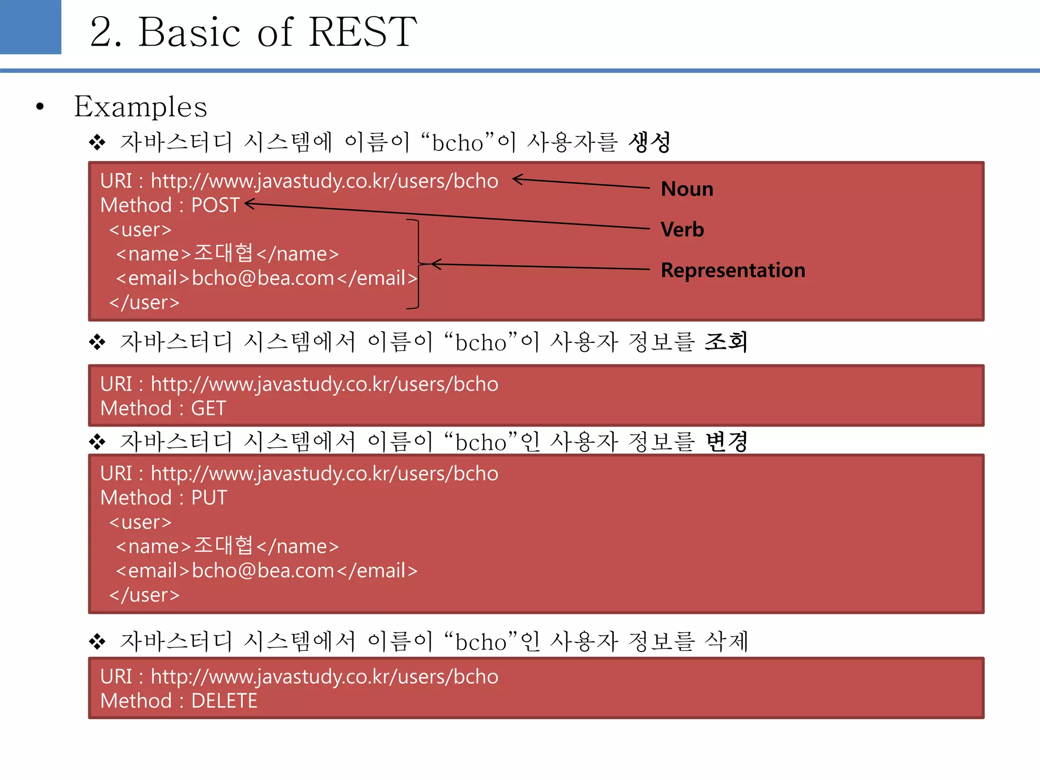 2. Basic of REST
• Examples
 자바스터디 시스템에 이름이 “bcho”이 사용자를 생성
 자바스터디 시스템에서 이름이 “bcho”이 사용자 정보를 조회
 자바스터디 시스템에서 이름이 “bcho”인 사용자 정보를 변경
 자바스터디 시스템에서 이름이 “bcho”인 사용자 정보를 삭제
URI : http://www.javastudy.co.kr/users/bcho
Method : GET
URI : http://www.javastudy.co.kr/users/bcho
Method : POST
<user>
<name>조대협</name>
<email>bcho@bea.com</email>
</user>
URI : http://www.javastudy.co.kr/users/bcho
Method : PUT
<user>
<name>조대협</name>
<email>bcho@bea.com</email>
</user>
URI : http://www.javastudy.co.kr/users/bcho
Method : DELETE
Noun
Verb
Representation
 