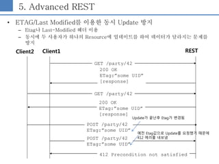 5. Advanced REST
• ETAG/Last Modified를 이용한 동시 Update 방지
– Etag나 Last-Modified 헤더 이용
– 동시에 두 사용자가 하나의 Resource에 업데이트를 하여 데이...