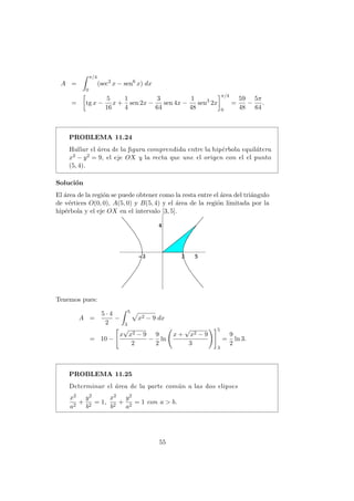 A =
π/4
0
(sec2
x − sen6
x) dx
= tg x −
5
16
x +
1
4
sen 2x −
3
64
sen 4x −
1
48
sen3
2x
π/4
0
=
59
48
−
5π
64
.
PROBLEMA 11.24
Hallar el ´area de la ﬁgura comprendida entre la hip´erbola equil´atera
x2 − y2 = 9, el eje OX y la recta que une el origen con el el punto
(5, 4).
Soluci´on
El ´area de la regi´on se puede obtener como la resta entre el ´area del tri´angulo
de v´ertices O(0, 0), A(5, 0) y B(5, 4) y el ´area de la regi´on limitada por la
hip´erbola y el eje OX en el intervalo [3, 5].
Tenemos pues:
A =
5 · 4
2
−
5
3
x2 − 9 dx
= 10 −
x
√
x2 − 9
2
−
9
2
ln
x +
√
x2 − 9
3
5
3
=
9
2
ln 3.
PROBLEMA 11.25
Determinar el ´area de la parte com´un a las dos elipses
x2
a2
+
y2
b2
= 1,
x2
b2
+
y2
a2
= 1 con a > b.
55
 