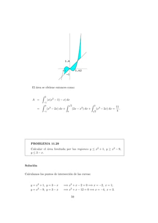 El ´area se obtiene entonces como:
A =
2
−1
|x(x2
− 1) − x| dx
=
0
−1
(x3
− 2x) dx +
√
2
0
(2x − x3
) dx +
2
√
2
(x3
− 2x) dx =
11
4
.
PROBLEMA 11.29
Calcular el ´area limitada por las regiones y ≤ x2 + 1, y ≥ x2 − 9,
y ≤ 3 − x.
Soluci´on
Calculamos los puntos de intersecci´on de las curvas:
y = x2
+ 1, y = 3 − x =⇒ x2
+ x − 2 = 0 =⇒ x = −2, x = 1;
y = x2
− 9, y = 3 − x =⇒ x2
+ x − 12 = 0 =⇒ x = −4, x = 3.
59
 