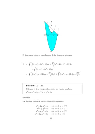 El ´area queda entonces como la suma de las siguientes integrales:
A =
−2
−4
[(3 − x) − (x2
− 9)] dx +
1
−2
[(x2
+ 1) − (x2
− 9)] dx
+
3
1
[(3 − x) − (x2
− 9)] dx
=
−2
−4
(−x2
− x + 12) dx +
1
−2
10 dx +
3
1
(−x2
− x + 12) dx =
158
3
.
PROBLEMA 11.30
Calcular el ´area comprendida entre las cuatro par´abolas
y2 = x, y2 = 2x, x2 = y, x2 = 2y.
Soluci´on
Los distintos puntos de intersecci´on son los siguientes:
x2
= 2y, y2
= x =⇒ x = 0, x = 41/3
;
x2
= y, y2
= x =⇒ x = 0, x = 1;
x2
= y, y2
= 2x =⇒ x = 0, x = 41/6
;
x2
= 2y, y2
= 2x =⇒ x = 0, x = 2.
60
 