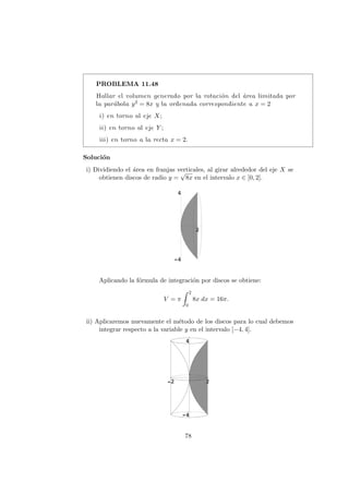 PROBLEMA 11.48
Hallar el volumen generado por la rotaci´on del ´area limitada por
la par´abola y2 = 8x y la ordenada correspondiente a x = 2
i) en torno al eje X;
ii) en torno al eje Y ;
iii) en torno a la recta x = 2.
Soluci´on
i) Dividiendo el ´area en franjas verticales, al girar alrededor del eje X se
obtienen discos de radio y =
√
8x en el intervalo x ∈ [0, 2].
Aplicando la f´ormula de integraci´on por discos se obtiene:
V = π
2
0
8x dx = 16π.
ii) Aplicaremos nuevamente el m´etodo de los discos para lo cual debemos
integrar respecto a la variable y en el intervalo [−4, 4].
78
 