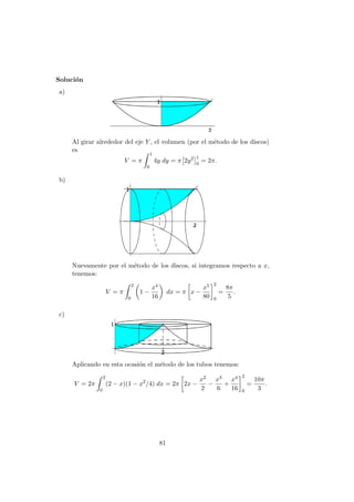 Soluci´on
a)
Al girar alrededor del eje Y , el volumen (por el m´etodo de los discos)
es
V = π
1
0
4y dy = π 2y2 1
0
= 2π.
b)
Nuevamente por el m´etodo de los discos, si integramos respecto a x,
tenemos:
V = π
2
0
1 −
x4
16
dx = π x −
x5
80
2
0
=
8π
5
.
c)
Aplicando en esta ocasi´on el m´etodo de los tubos tenemos:
V = 2π
2
0
(2 − x)(1 − x2
/4) dx = 2π 2x −
x2
2
−
x3
6
+
x4
16
2
0
=
10π
3
.
81
 
