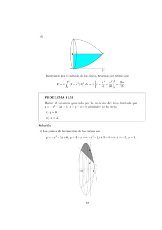 d)
Integrando por el m´etodo de los discos, tenemos por ´ultimo que
V = π
2
0
(1 − x2
/4)2
dx = π x −
x3
6
+
x5
80
2
0
=
16π
15
.
PROBLEMA 11.51
Hallar el volumen generado por la rotaci´on del ´area limitada por
y = −x2 − 3x + 6, x + y − 3 = 0 alrededor de la recta
i) y = 0;
ii) x = 3.
Soluci´on
i) Los puntos de intersecci´on de las curvas son
y = −x2
−3x+6, y = 3−x =⇒ −x2
−2x+3 = 0 =⇒ x = −3, x = 1.
82
 