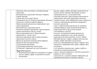 13
Організм і його властивості. Клітинна будова
організмів.
Різноманітність організмів: Рослини, Тварини,
Гриби, Бактерії.
Умови життя на планеті Земля.
Середовище життя. Чинники середовища. Вплив на
організми чинників неживої природи.
Пристосування організмів до періодичних змін
умов середовища.
Різноманітність середовищ життя.
Наземно-повітряне середовище, пристосування
живих організмів до життя у ньому.
Водне середовище життя. Пристосування
організмів до життя у воді.
Ґрунтове середовище життя. Пристосування
організмів до життя у ґрунті.
Вплив на організми чинників живої природи.
Взаємозв’язки між організмами.
Співіснування організмів.
Угруповання організмів. Екосистеми.
Рослинний і тваринний світ своєї місцевості.
Практичні заняття
 Визначення назв найбільш поширених в Україні
рослин, грибів, тварин за допомогою атласів-
визначників.
рослин, тварин, грибів, бактерій; умови життя на
планеті Земля; чинники середовища; основні
середовища життя; склад екосистеми;
наводить приклади: пристосування організмів до
періодичних змін умов середовища (листопад,
зимова сплячка, зміна забарвлення хутра, перельоти
птахів;); співіснування організмів; природних і
штучних екосистем;
описує: пристосування організмів до чинників
неживої природи; пристосування організмів до
середовища життя; результати власних
спостережень і дослідів;
пояснює: як відрізнити живий організм від
неживого природного тіла; вплив чинників
середовища на живі організми; зв’язок грибів,
бактерій, рослин, тварин у природі; роль рослин,
тварин, грибів, бактерій у екосистемах;
розпізнає найпоширеніші рослини і тварини своєї
місцевості; отруйні рослини, гриби, тварини своєї
місцевості;
уміє визначати назви рослин, тварин, грибів за
допомогою атласів-визначників;
оцінює значення природних і штучних екосистем у
природі та житті людини;
використовує: додаткові джерела інформації для
виконання навчального завдання, вивчену
 