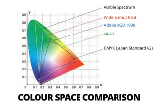 COLOUR SPACE COMPARISON
Visible Spectrum
Wide Gamut RGB
Adobe RGB 1998
sRGB
CMYK (Japan Standard v2)
 