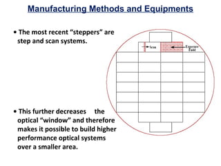 Manufacturing Methods and Equipments
• This further decreases the
optical “window” and therefore
makes it possible to build higher
performance optical systems
over a smaller area.
• The most recent “steppers” are
step and scan systems.
 