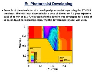 E: Photoresist Developing
• Example of the calculation of a developed photoresist layer using the ATHENA
simulator. The resist was exposed with a dose of 200 mJ cm-2
, a post exposure
bake of 45 min at 115 °C was used and the pattern was developed for a time of
60 seconds, all normal parameters. The Dill development model was used.
 