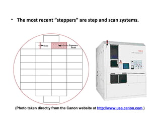 • The most recent “steppers” are step and scan systems.
(Photo taken directly from the Canon website at http://www.usa.canon.com.)
 