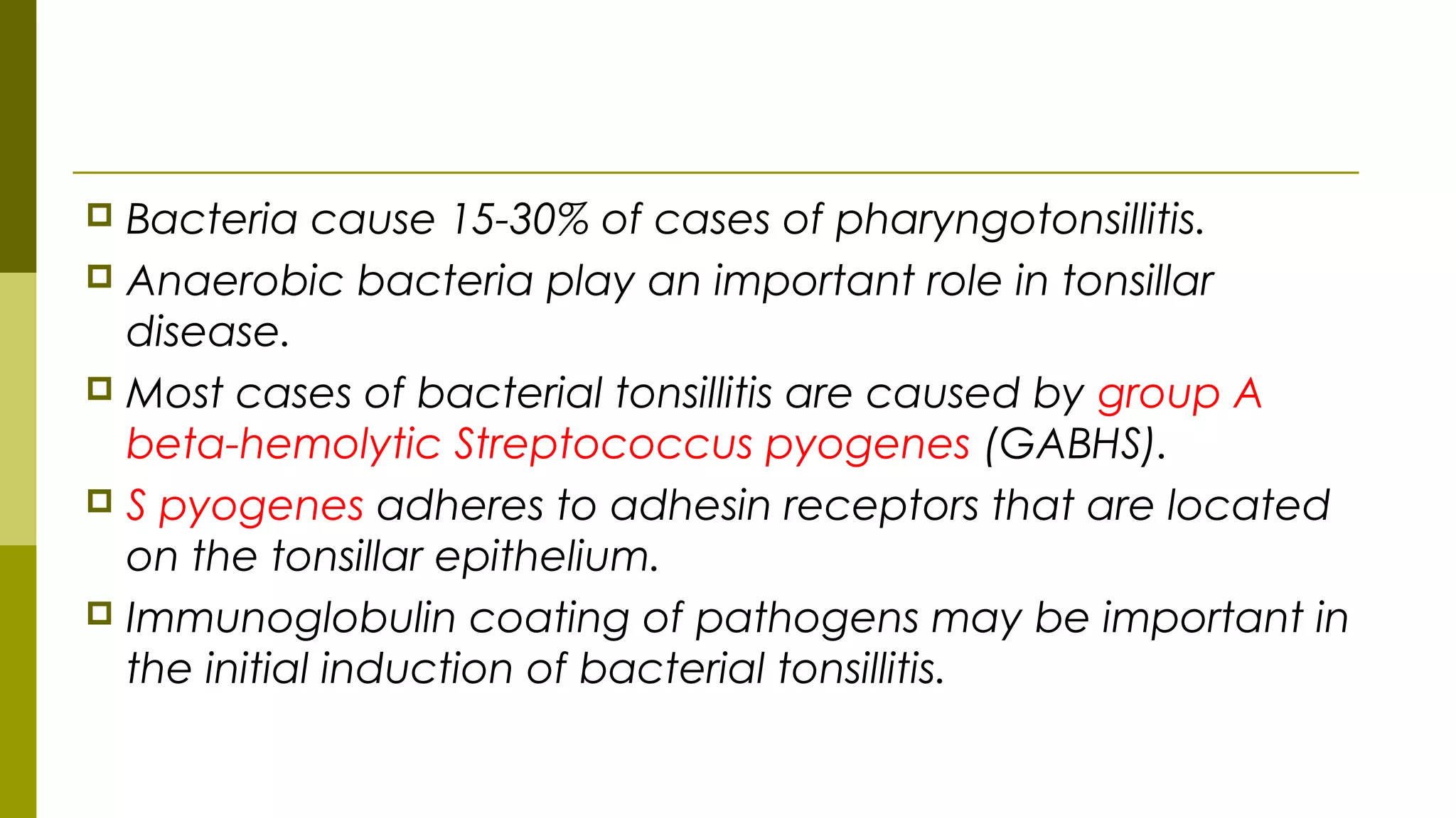  Bacteria cause 15-30% of cases of pharyngotonsillitis.
 Anaerobic bacteria play an important role in tonsillar
disease.
 Most cases of bacterial tonsillitis are caused by group A
beta-hemolytic Streptococcus pyogenes (GABHS).
 S pyogenes adheres to adhesin receptors that are located
on the tonsillar epithelium.
 Immunoglobulin coating of pathogens may be important in
the initial induction of bacterial tonsillitis.
 